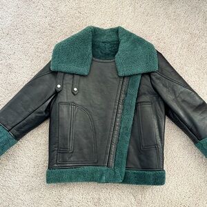 100% Genuine Shearling Lined 100 Leather Bomber Jacket Green/Black Contrasted